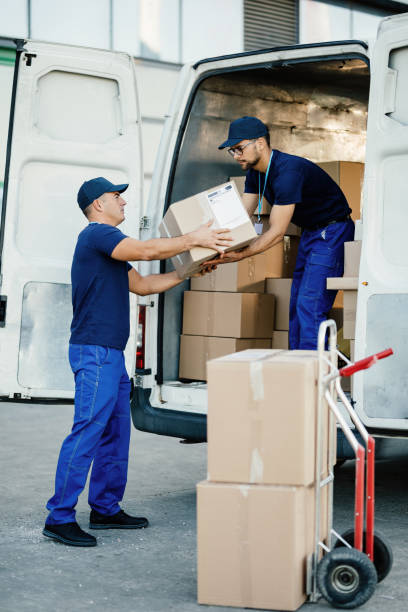 Professional team members loading cardboard boxes into a moving van, demonstrating the organized logistics of apartment movers Abu Dhabi.