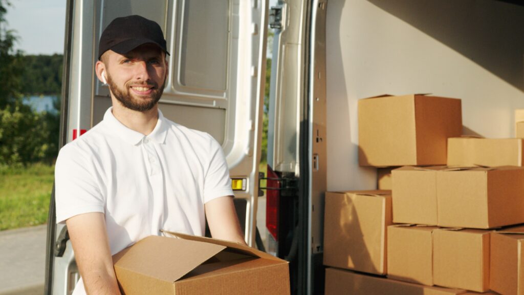 A smiling professional from Abu Dhabi movers and packers carrying a cardboard moving box in front of a loaded delivery van.