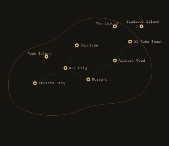 Service area map for Abu Dhabi movers and packers covering Khalifa City, Yas Island, Reem Island, Mussafah, and MBZ City.