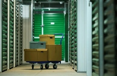 Hand trolley loaded with moving boxes containing personal essential items inside a secure storage facility corridor