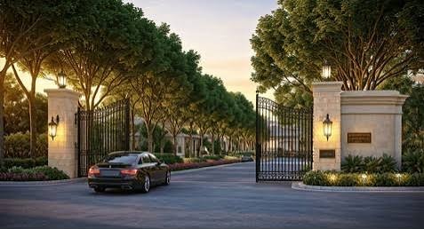 Luxury gated residential community entrance with security gates in Abu Dhabi.