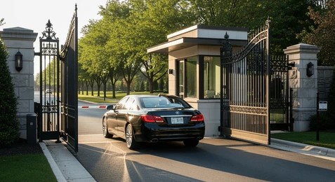Security guardhouse and open iron gates at a luxury gated community entrance.
